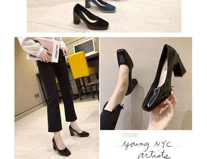 Square-Toe Chunky Heel Patent Pumps