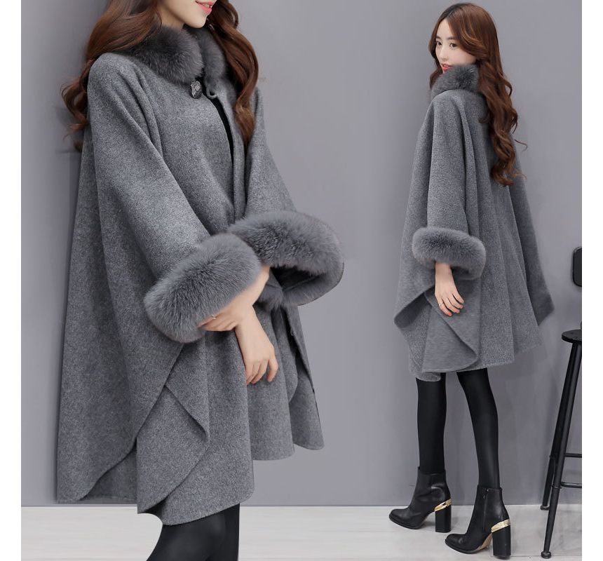 Plain Faux Fur Trim Button Cape