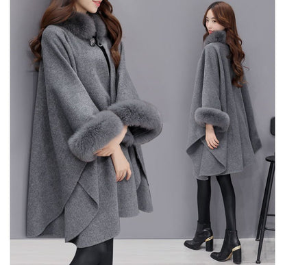 Plain Faux Fur Trim Button Cape