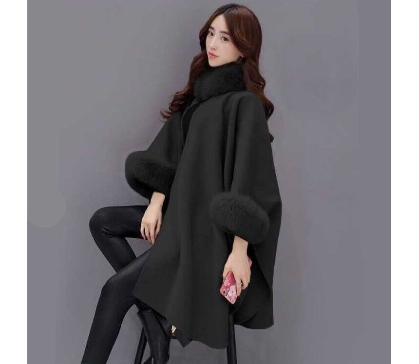 Plain Faux Fur Trim Button Cape