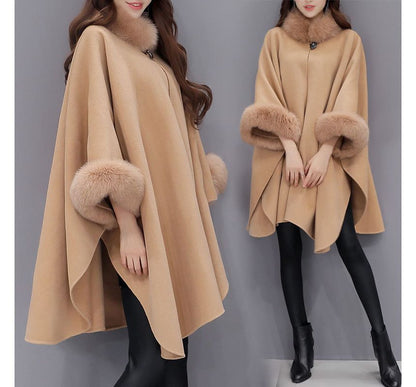 Plain Faux Fur Trim Button Cape