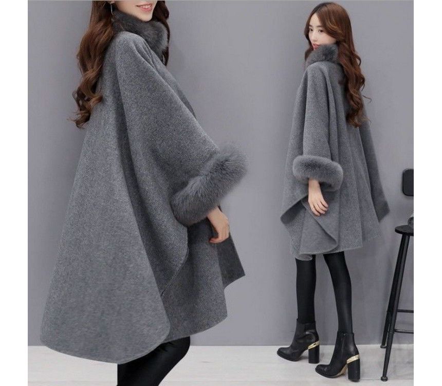 Plain Faux Fur Trim Button Cape