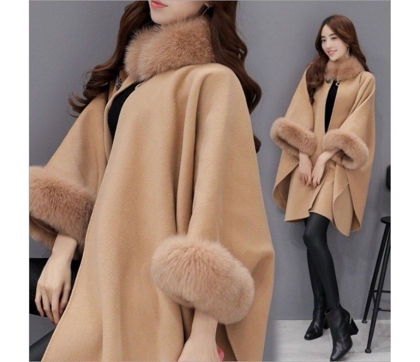 Plain Faux Fur Trim Button Cape