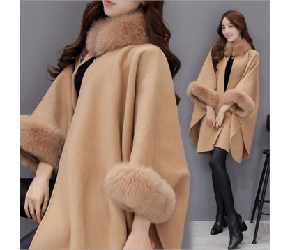 Plain Faux Fur Trim Button Cape