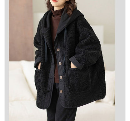 Mock Two Piece Hood Button Teddy Jacket