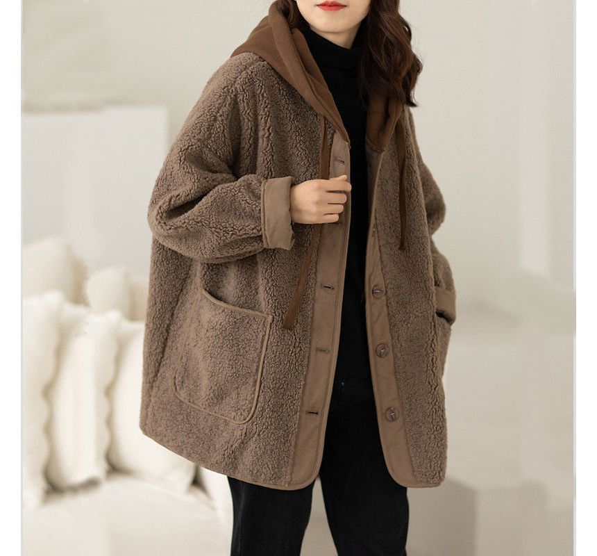 Mock Two Piece Hood Button Teddy Jacket