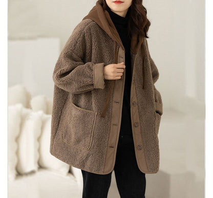 Mock Two Piece Hood Button Teddy Jacket