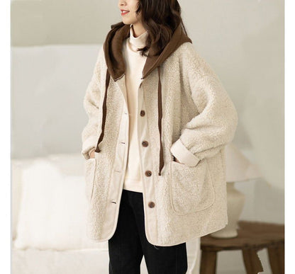 Mock Two Piece Hood Button Teddy Jacket