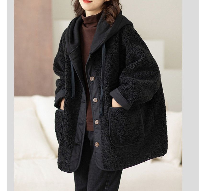 Mock Two Piece Hood Button Teddy Jacket