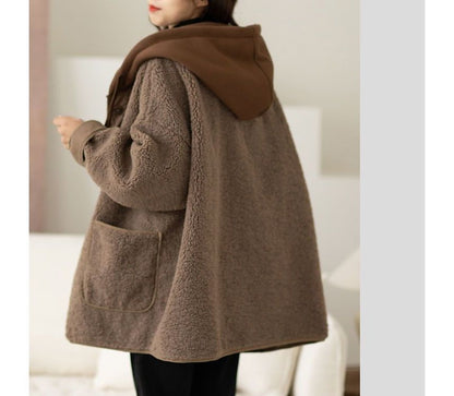 Mock Two Piece Hood Button Teddy Jacket