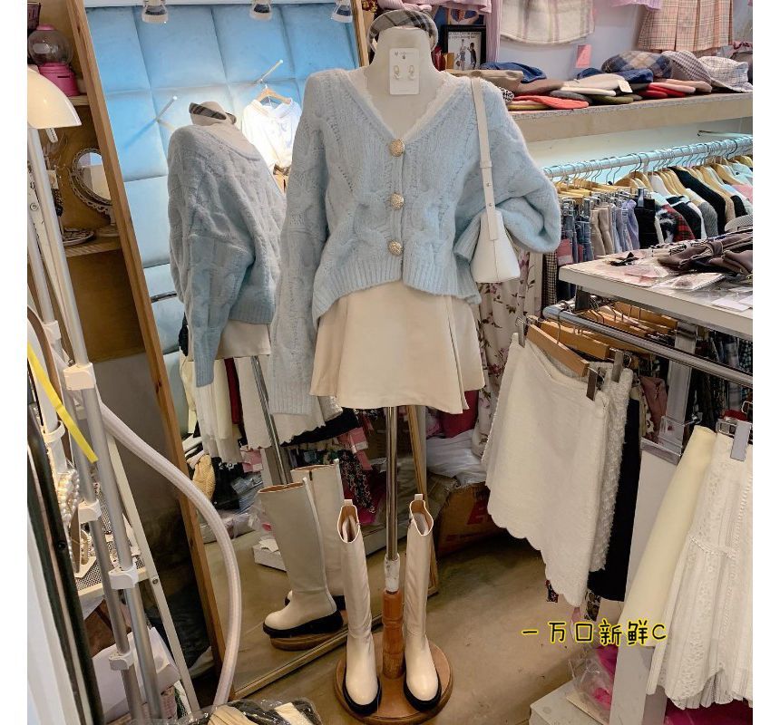 Oversized Cable Knit Cardigan and Lace Top Combo