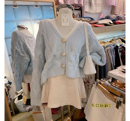 Oversized Cable Knit Cardigan and Lace Top Combo