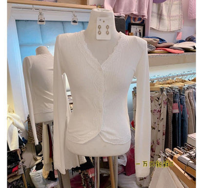 Oversized Cable Knit Cardigan and Lace Top Combo