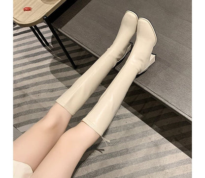 Tall Leather Boots Block-Heel Faux