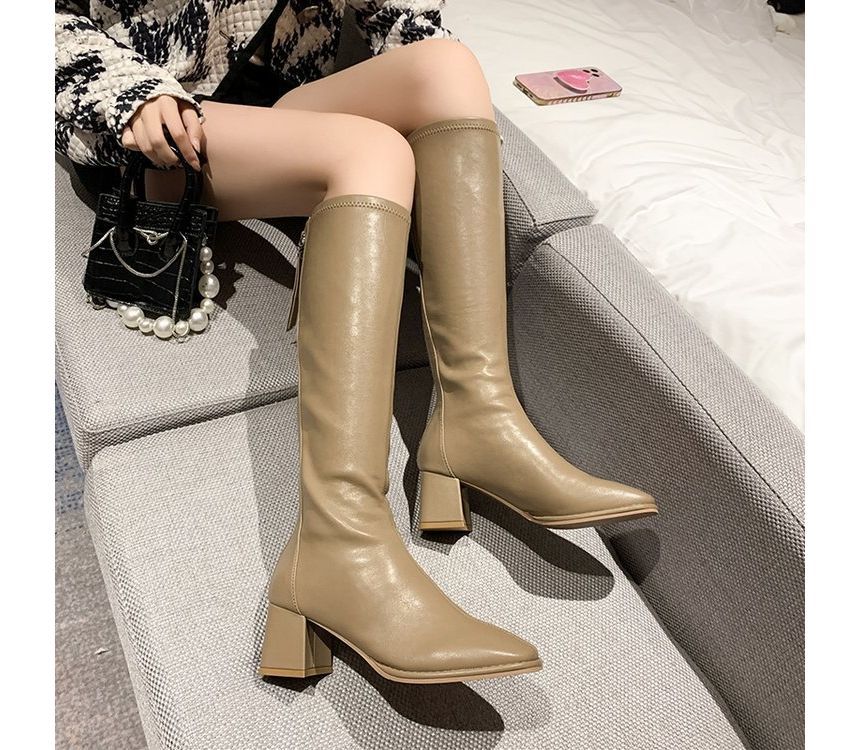Tall Leather Boots Block-Heel Faux
