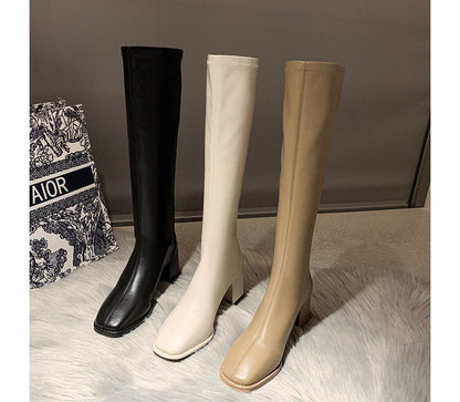 Tall Leather Boots Block-Heel Faux