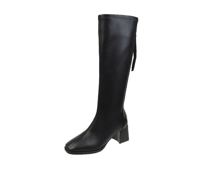 Tall Leather Boots Block-Heel Faux
