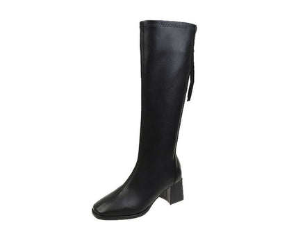 Tall Leather Boots Block-Heel Faux
