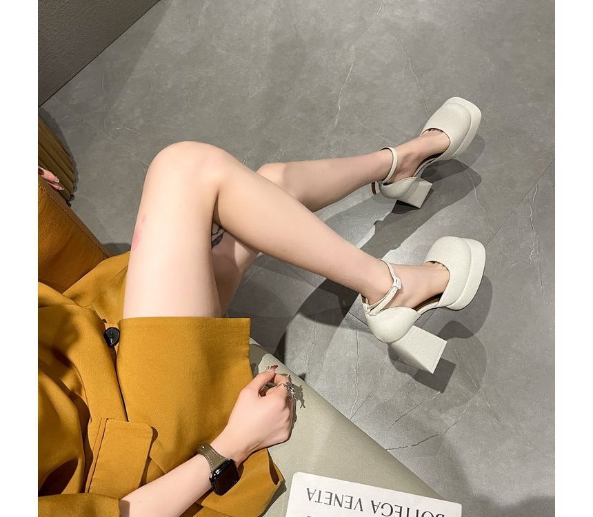 Strap Ankle Pumps Square-Toe Block-Heel