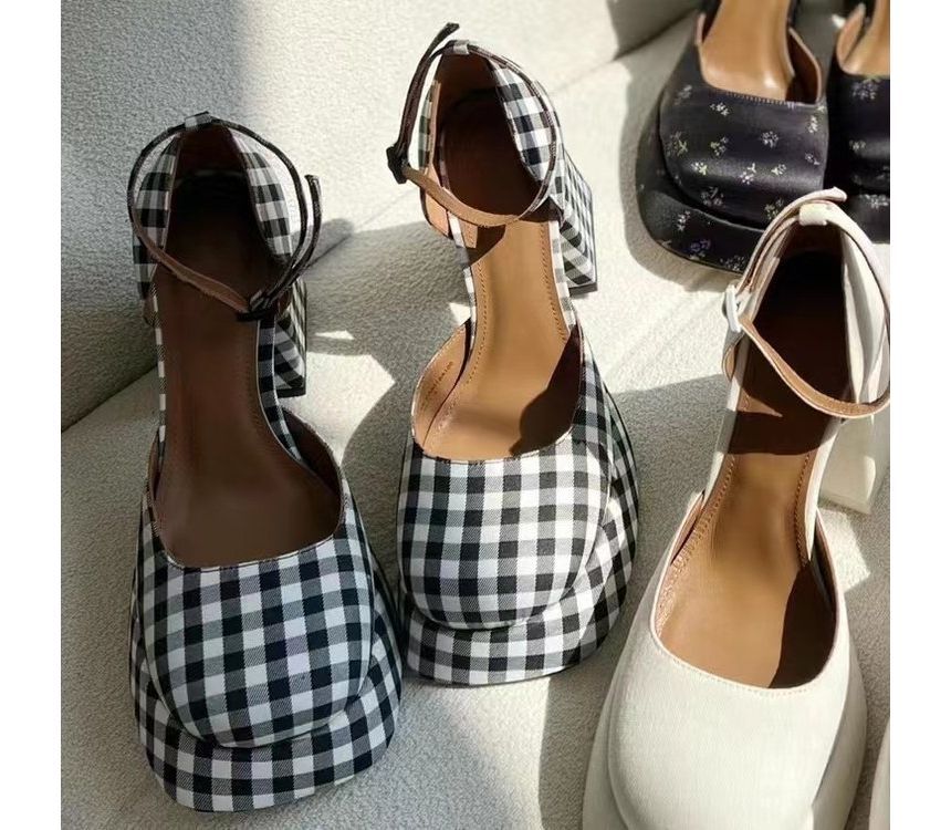 Strap Ankle Pumps Square-Toe Block-Heel