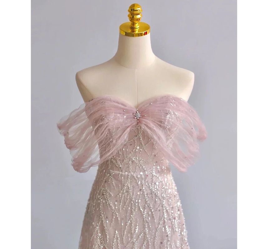 Gown Sequin Evening A-Line Off-Shoulder