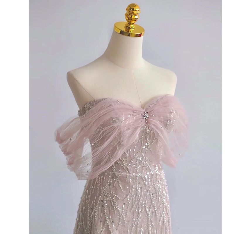 Gown Sequin Evening A-Line Off-Shoulder