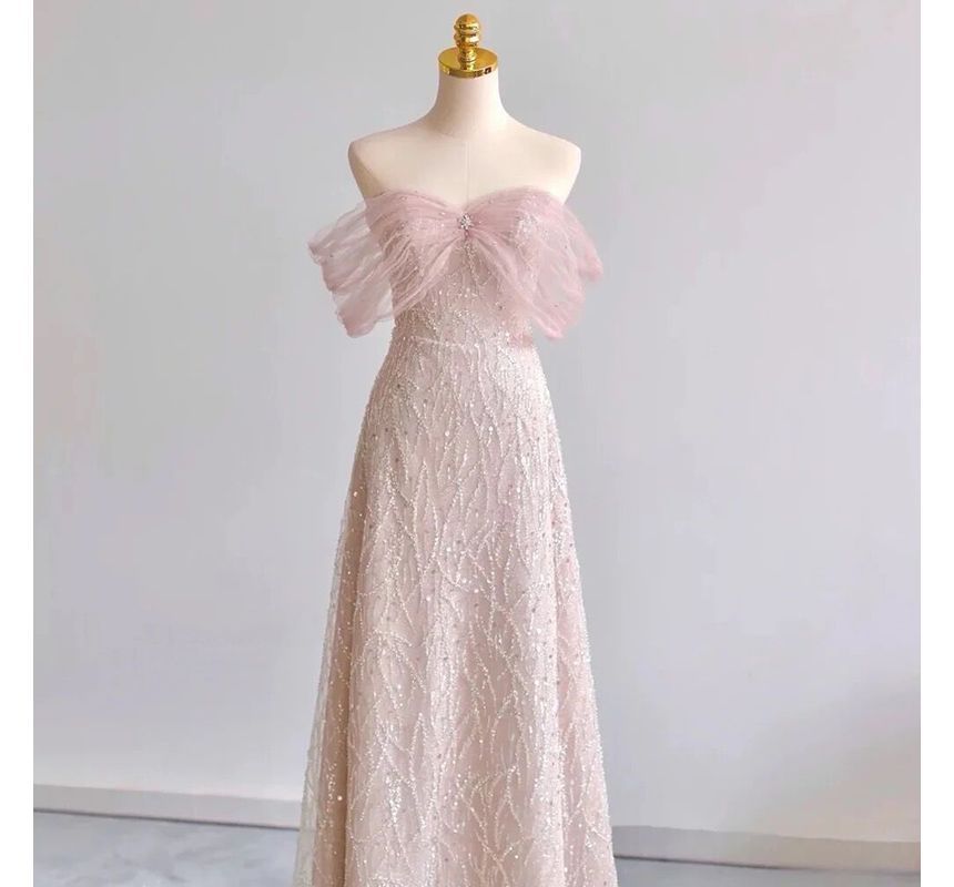 Gown Sequin Evening A-Line Off-Shoulder