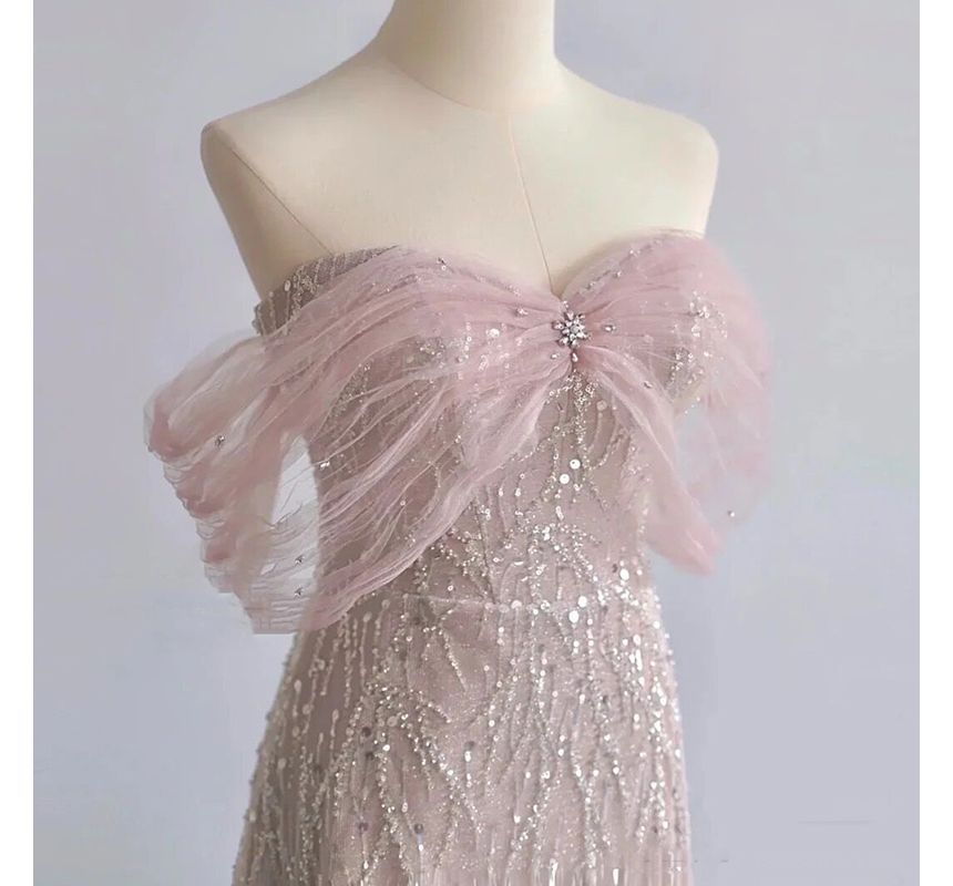 Gown Sequin Evening A-Line Off-Shoulder