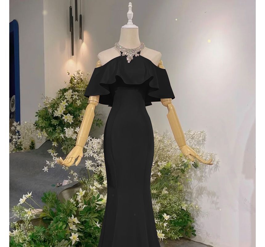 Mermaid Cold-Shoulder Rhinestone Gown Evening