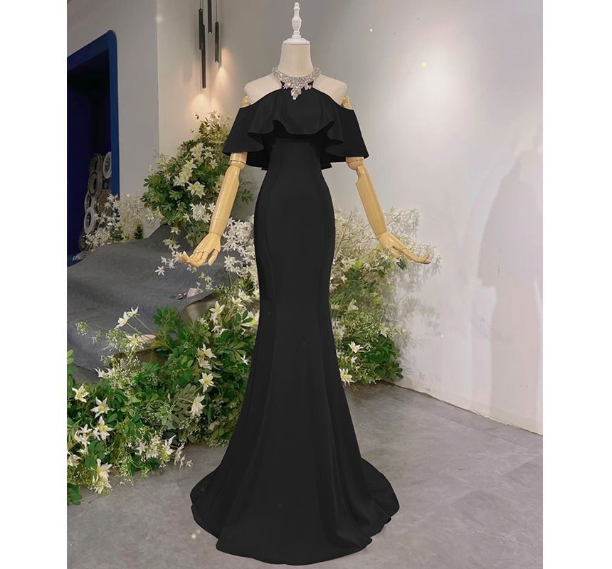 Mermaid Cold-Shoulder Rhinestone Gown Evening