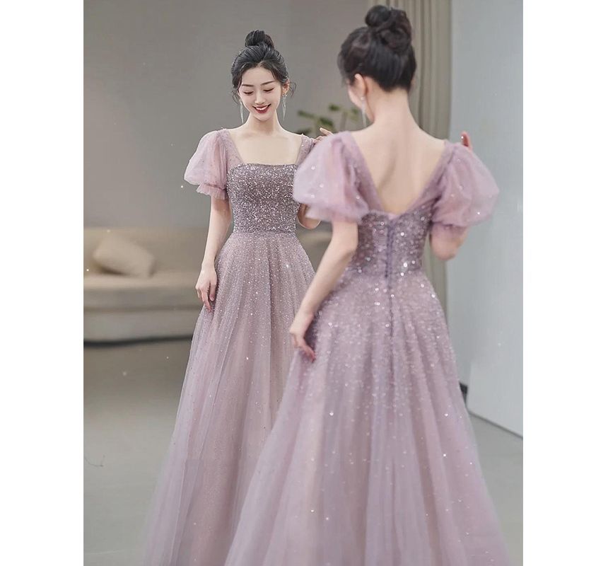A-Line Gown Puff-Sleeve Sequin Evening Neck Square