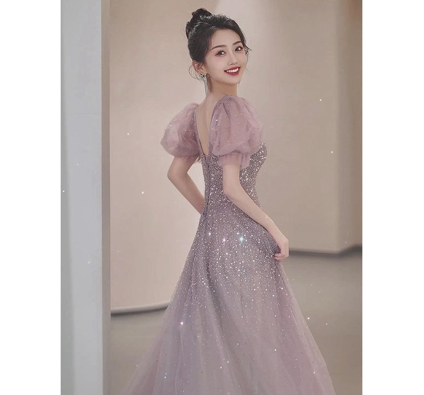 Puff-Sleeve Square Neck Sequin A-Line Evening Gown