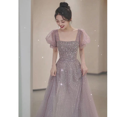 A-Line Gown Puff-Sleeve Sequin Evening Neck Square