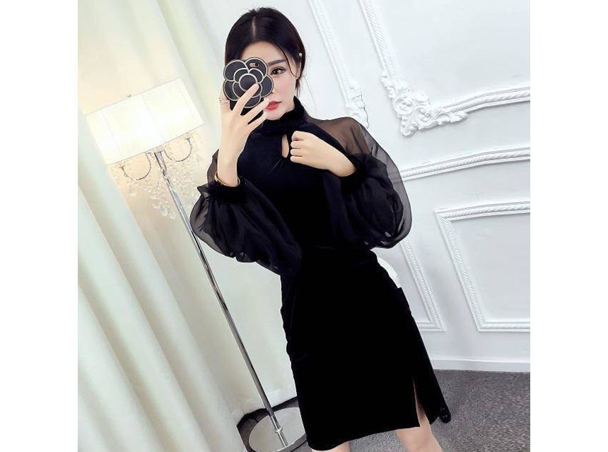 Long-Sleeve Plain Cut Out Qipao Dress