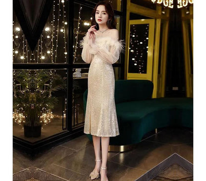 Sequin Mesh Furry Gown Off-Shoulder Evening Panel Trim