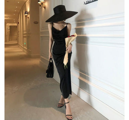 Spaghetti-Strap Plain Side Slit Dress