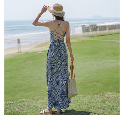 Spaghetti Strap Paisley Print Midi A-Line Dress