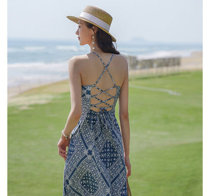 Spaghetti Strap Paisley Print Midi A-Line Dress