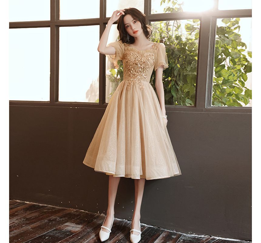 Short-Sleeve Square Neck Sequined Sheer Overlay A-Line Evening Dress (Various Designs)