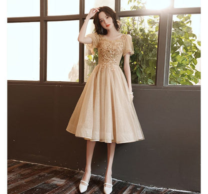 Short-Sleeve Square Neck Sequined Sheer Overlay A-Line Evening Dress (Various Designs)