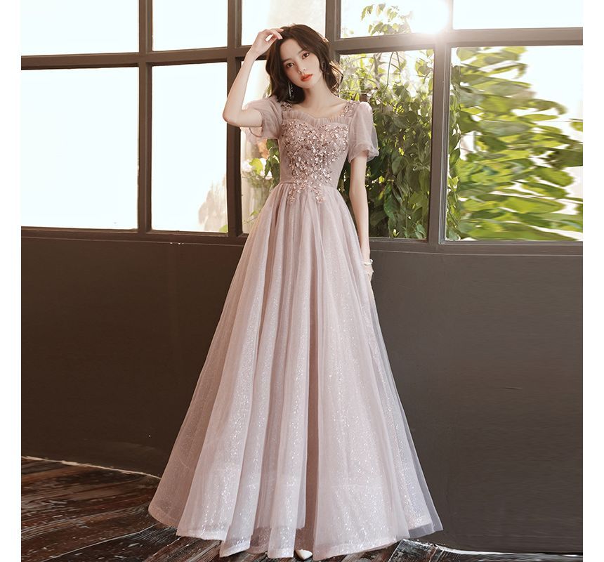 Short-Sleeve Square Neck Sequined Sheer Overlay A-Line Evening Dress (Various Designs)