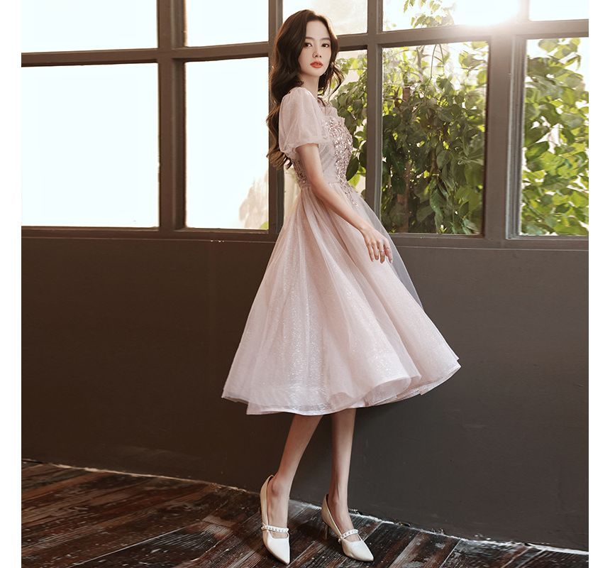 Short-Sleeve Square Neck Sequined Sheer Overlay A-Line Evening Dress (Various Designs)