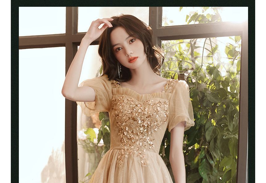 Short-Sleeve Square Neck Sequined Sheer Overlay A-Line Evening Dress (Various Designs)