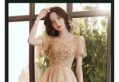 Short-Sleeve Square Neck Sequined Sheer Overlay A-Line Evening Dress (Various Designs)