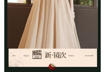 Short-Sleeve Square Neck Sequined Sheer Overlay A-Line Evening Dress (Various Designs)