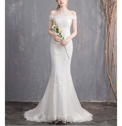 Short-Sleeve Off Shoulder Lace Trained Mermaid Wedding Gown