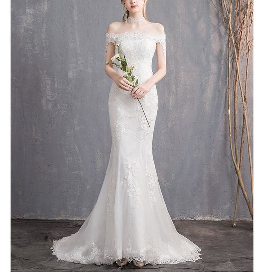 Short-Sleeve Off Shoulder Lace Trained Mermaid Wedding Gown