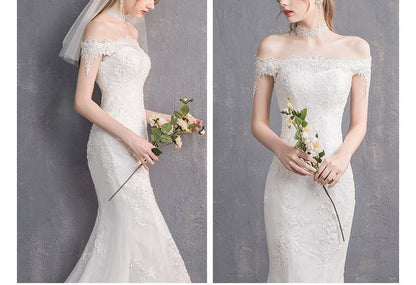 Short-Sleeve Off Shoulder Lace Trained Mermaid Wedding Gown
