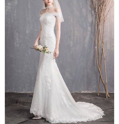 Short-Sleeve Off Shoulder Lace Trained Mermaid Wedding Gown