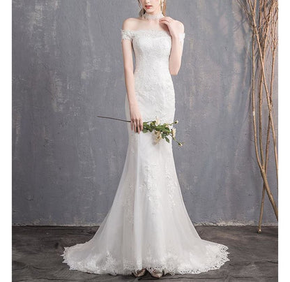 Short-Sleeve Off Shoulder Lace Trained Mermaid Wedding Gown
